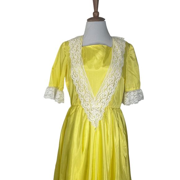 Vintage 80s Yellow Taffetta Bridgerton Style Dress w Matching Hat M - Picture 6 of 10
